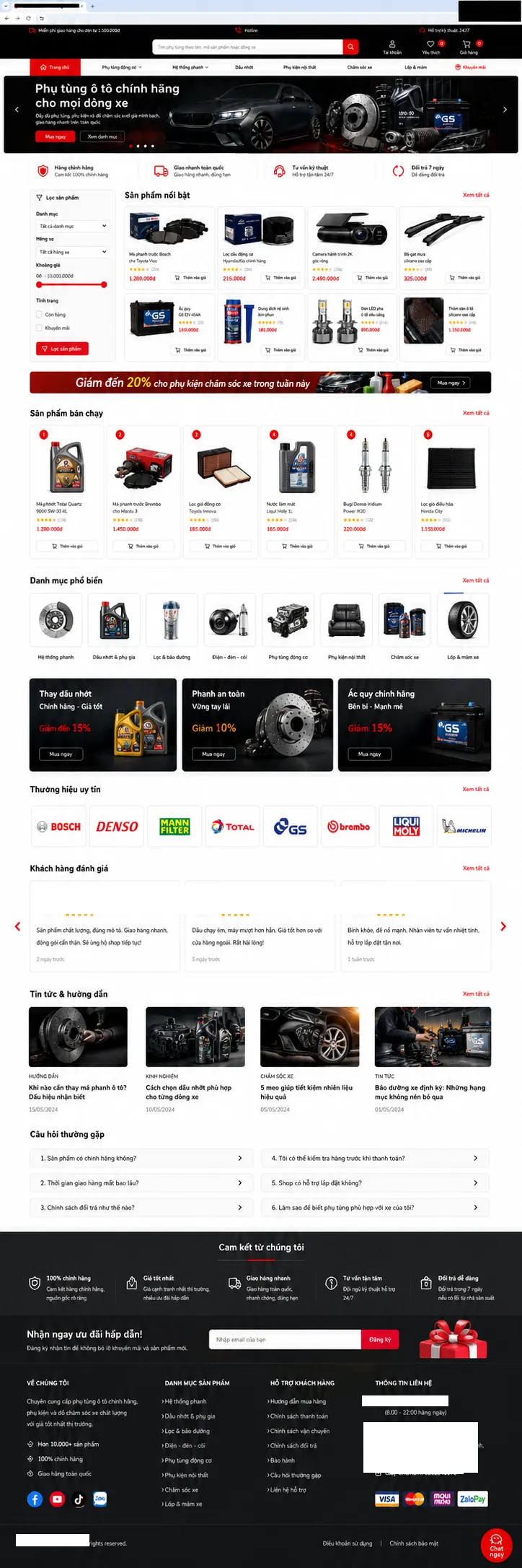 Trang chủ website bán phụ tùng ô tô với danh mục, sản phẩm nổi bật và nội dung hỗ trợ mua hàng