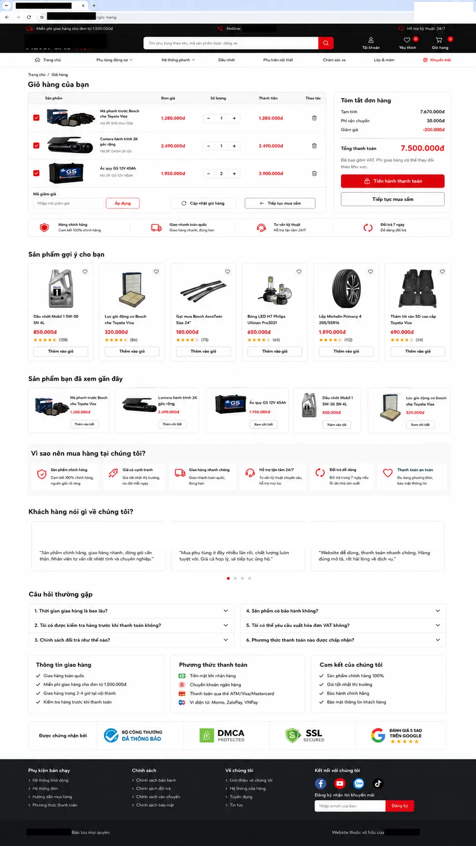 Trang giỏ hàng và tóm tắt đơn hàng của website bán phụ tùng ô tô