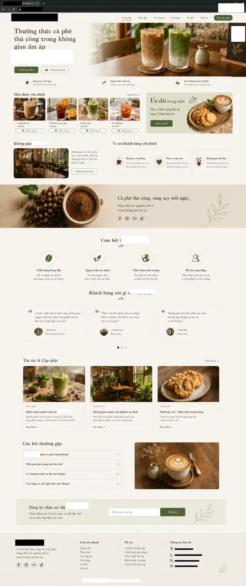 Trang chủ website quán cà phê với hero, menu nổi bật, blog và kết nối thương hiệu