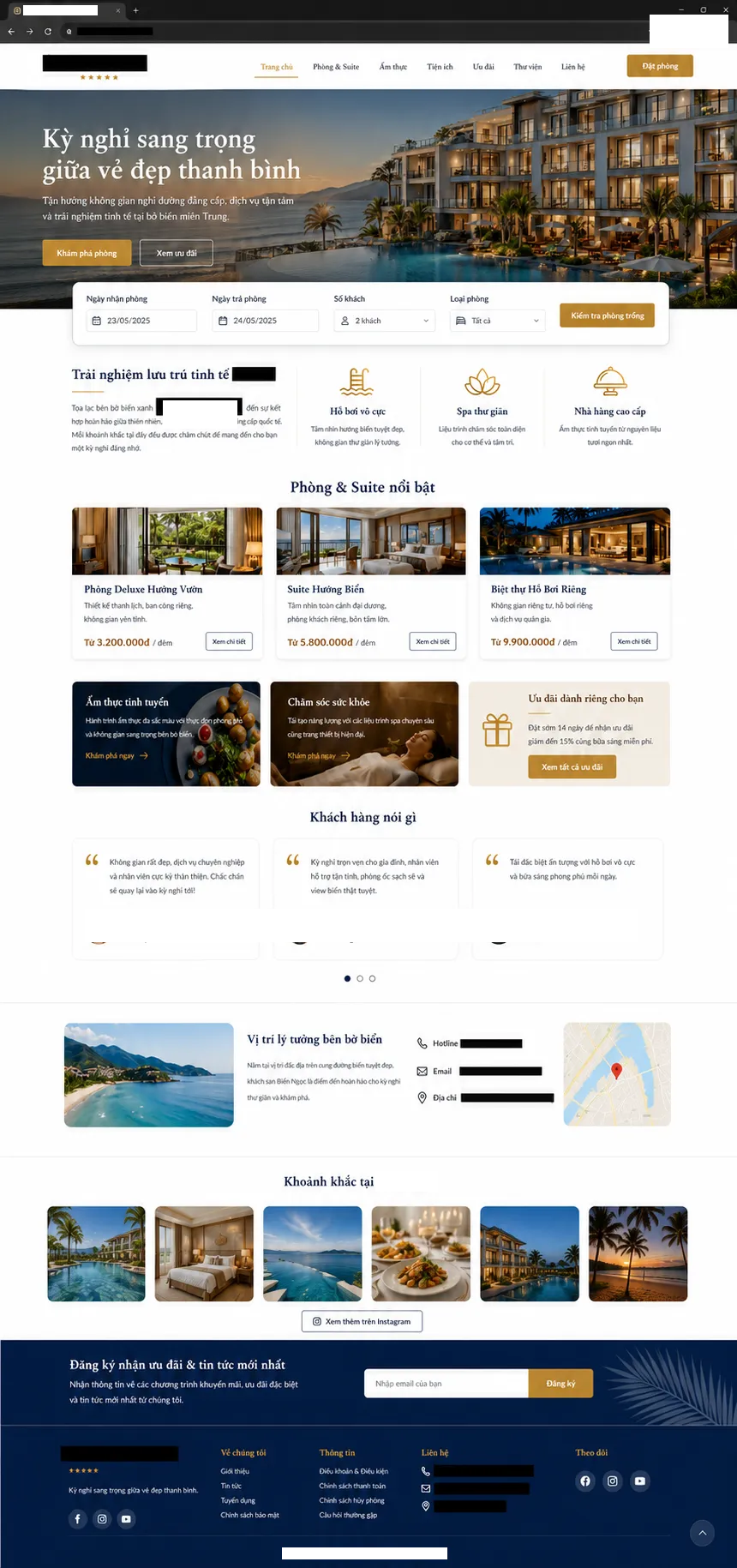 Tổng quan website khách sạn với hero đặt phòng và các khu vực giới thiệu tiện ích