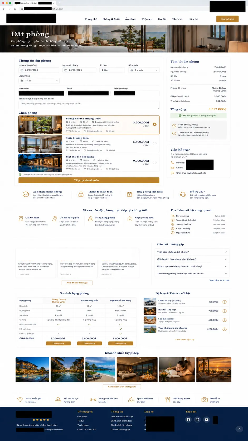 Trang đặt phòng trực tiếp với lựa chọn hạng phòng và tóm tắt booking