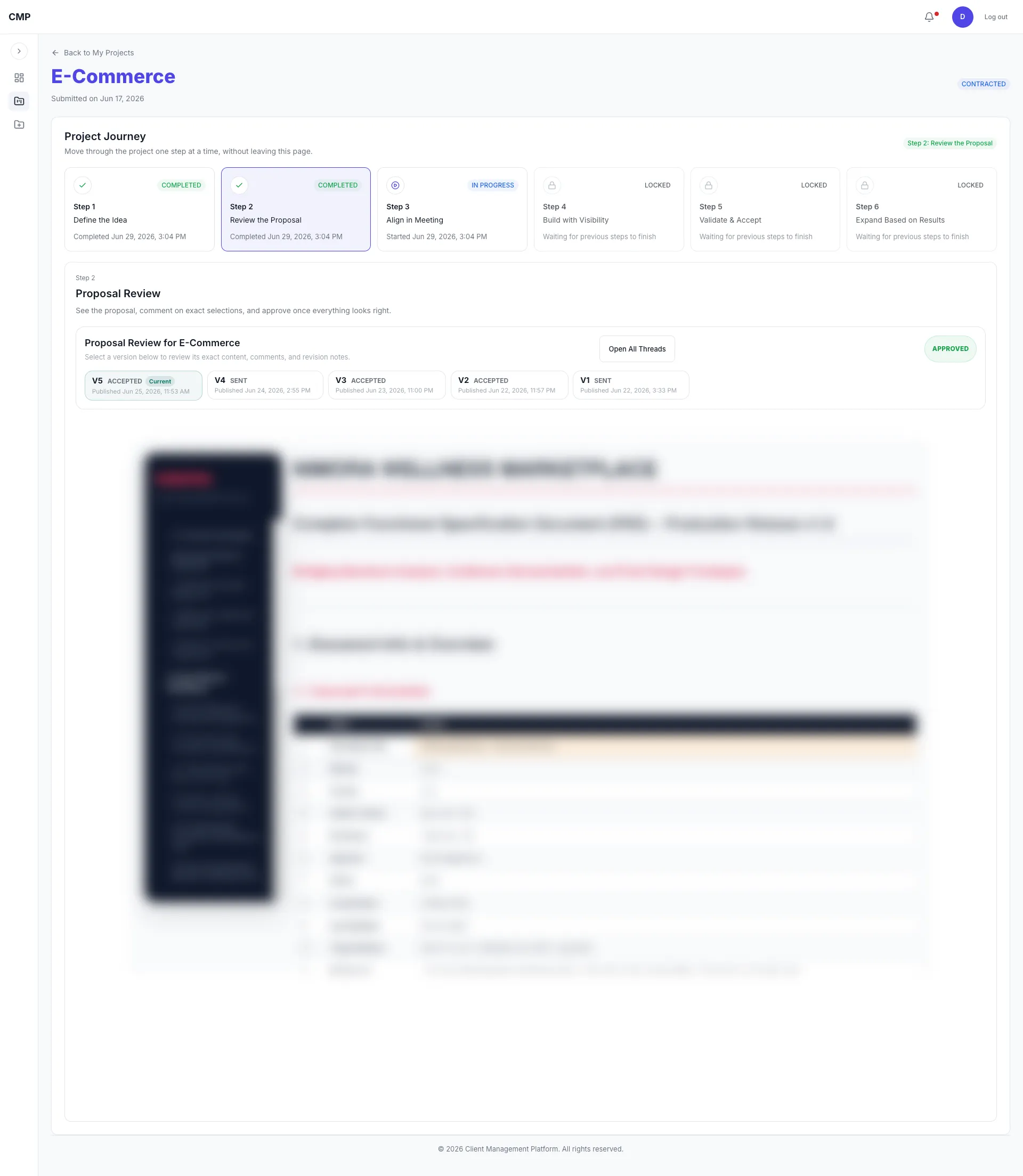Màn hình review proposal với version history, feedback và project journey