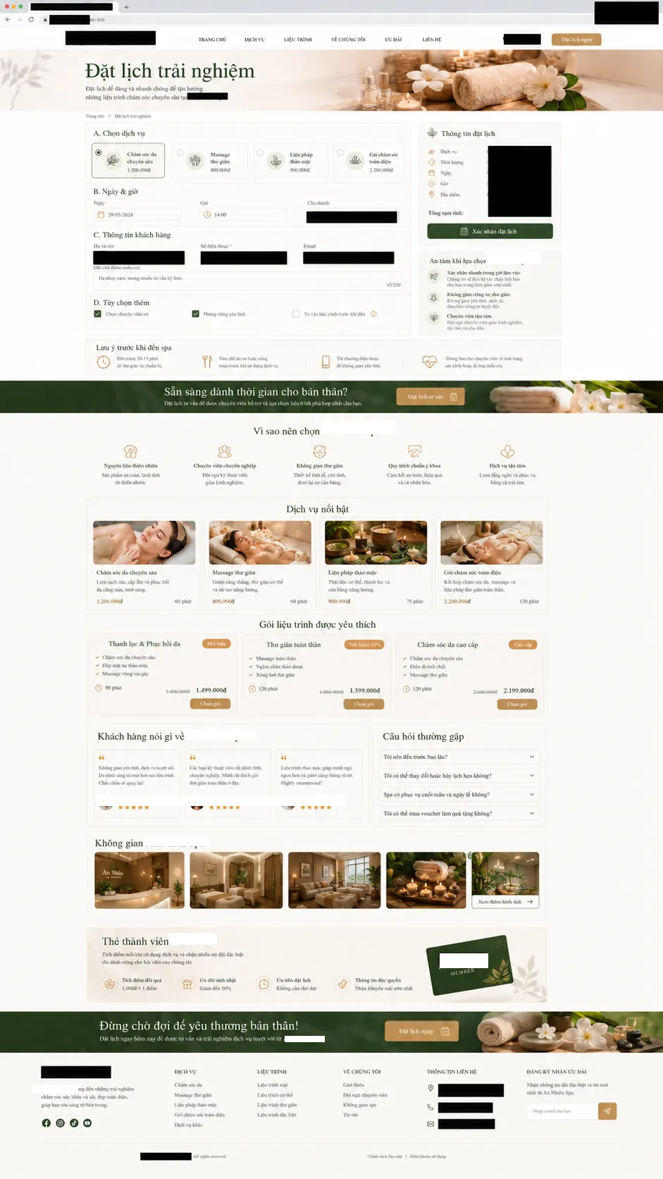 Trang đặt lịch trải nghiệm và chọn dịch vụ của website spa