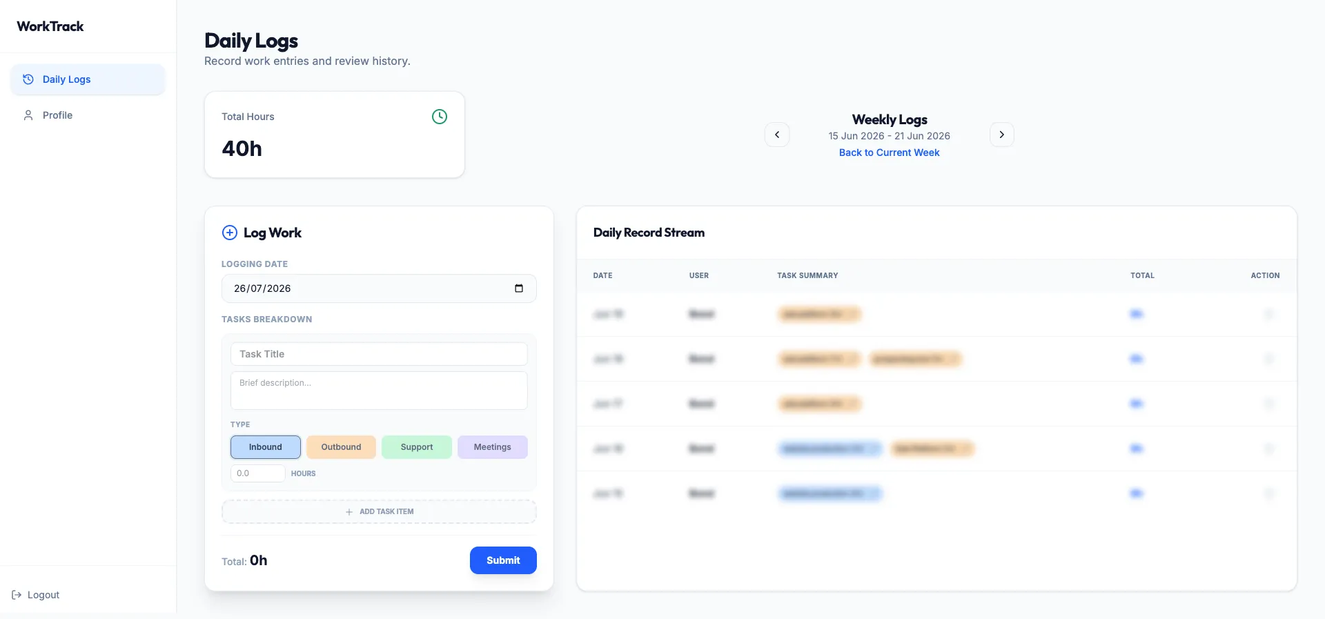 Màn hình daily logs của WorkTrack với form nhập task breakdown, loại công việc và tổng số giờ